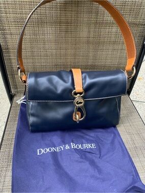 Dooney & Bourke black Leather Shoulder Bag with Tan Strap and Gold Hardware